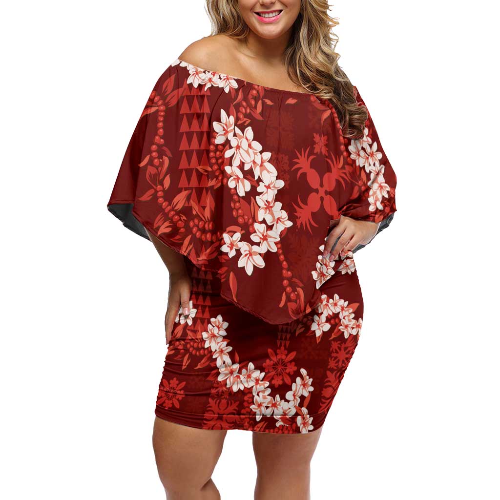 Mokihana Maile and Ilima Leis Off Shoulder Short Dress Ulaʻula Hawaiian Tapa Quilt Pattern LT9 Women Red - Polynesian Pride