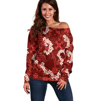 Mokihana Maile and Ilima Leis Off Shoulder Sweater Ulaʻula Hawaiian Tapa Quilt Pattern LT9 Women Red - Polynesian Pride