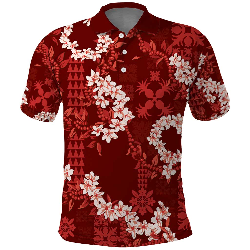 Mokihana Maile and Ilima Leis Polo Shirt Ulaʻula Hawaiian Tapa Quilt Pattern LT9 Red - Polynesian Pride