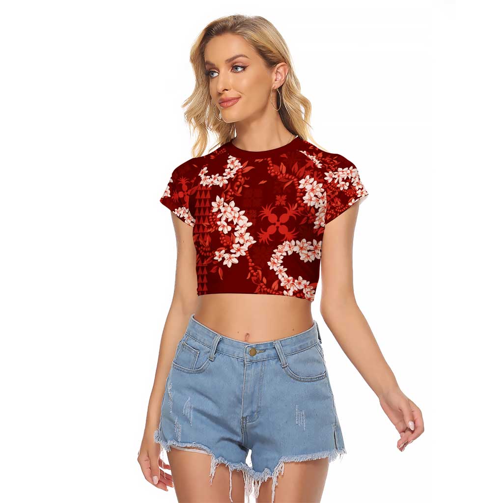Mokihana Maile and Ilima Leis Raglan Cropped T Shirt Ulaʻula Hawaiian Tapa Quilt Pattern LT9 Female Red - Polynesian Pride