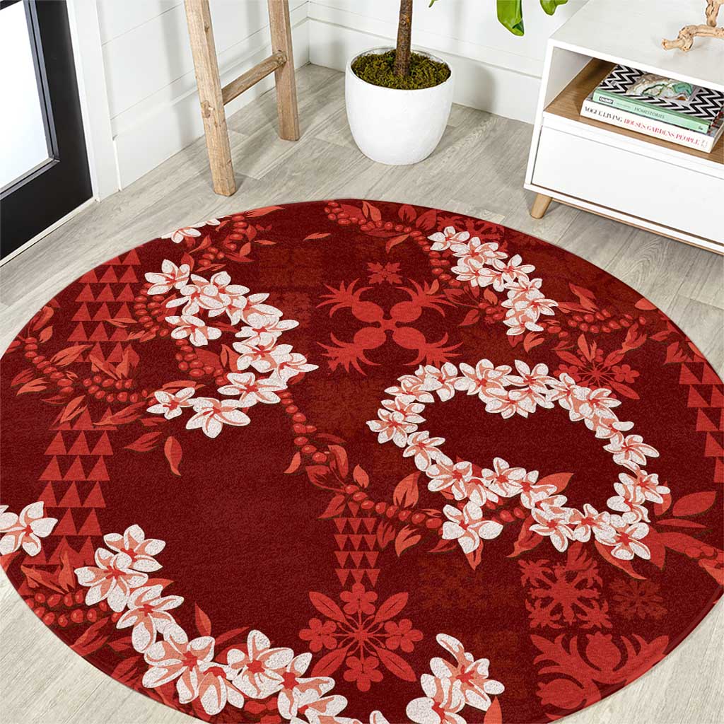Mokihana Maile and Ilima Leis Round Carpet Ulaʻula Hawaiian Tapa Quilt Pattern LT9 Red - Polynesian Pride