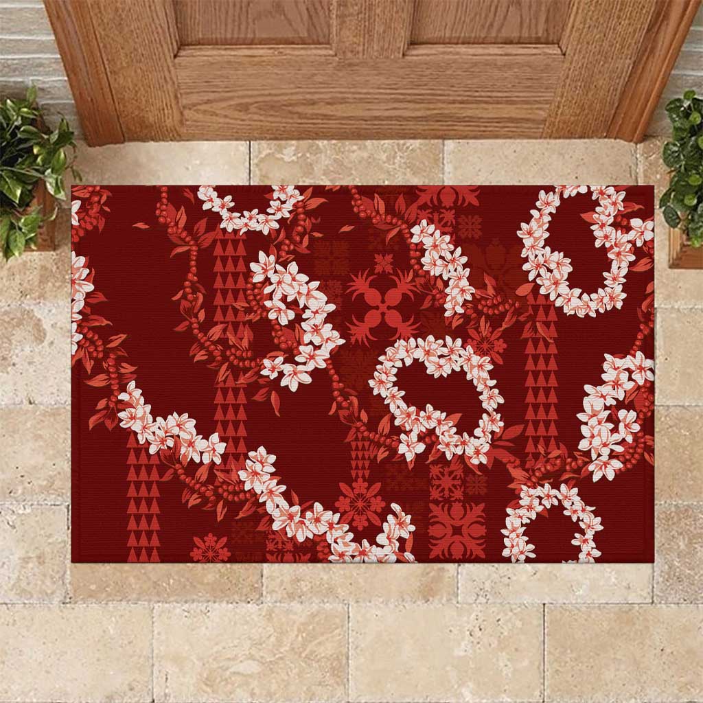 Mokihana Maile and Ilima Leis Rubber Doormat Ulaʻula Hawaiian Tapa Quilt Pattern LT9 Red - Polynesian Pride