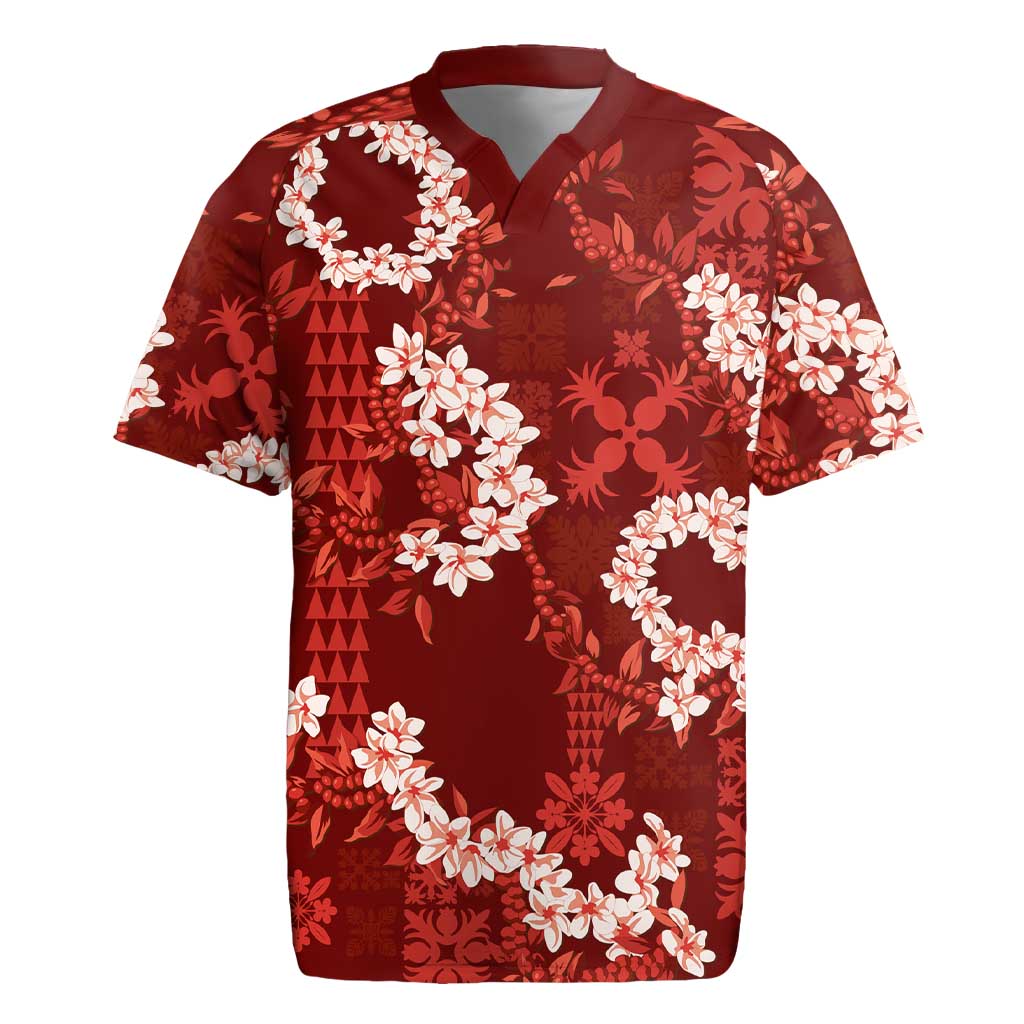 Mokihana Maile and Ilima Leis Rugby Jersey Ulaʻula Hawaiian Tapa Quilt Pattern LT9 Red - Polynesian Pride