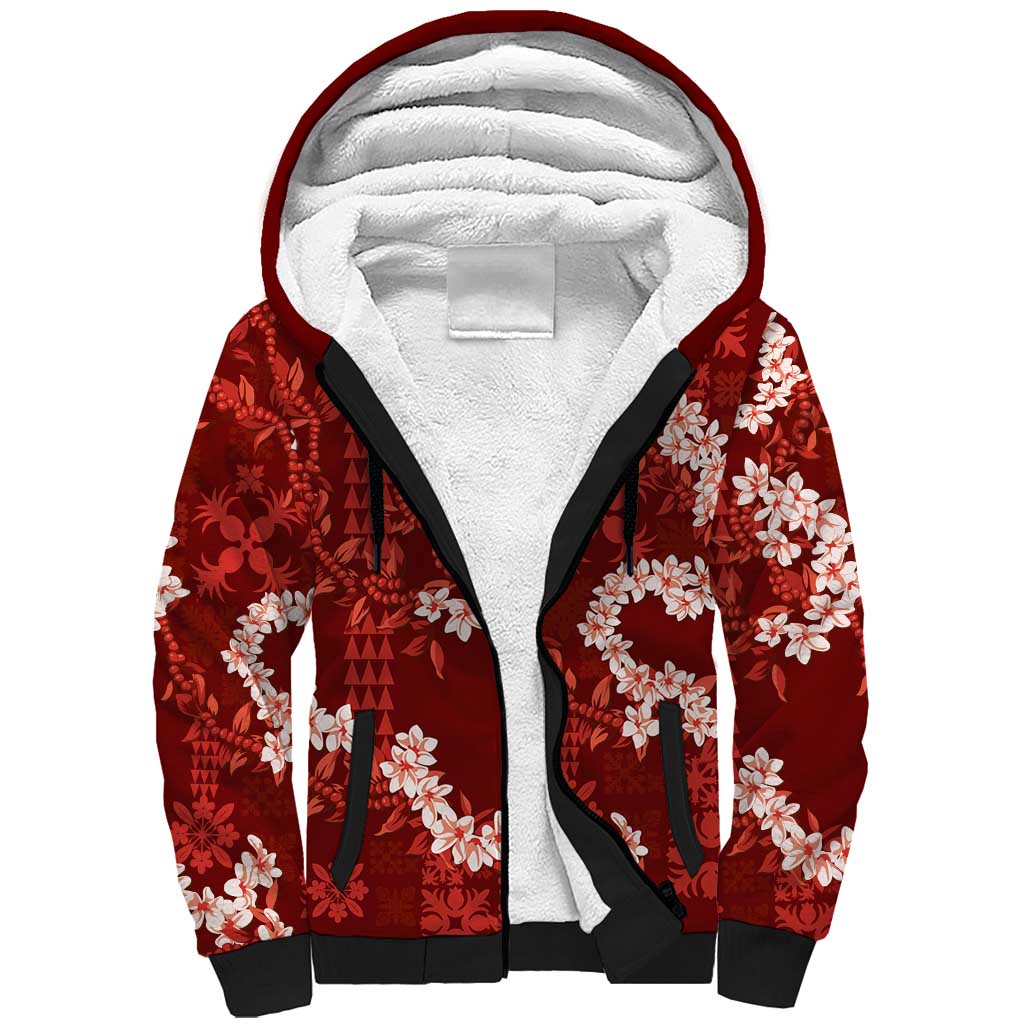 Mokihana Maile and Ilima Leis Sherpa Hoodie Ulaʻula Hawaiian Tapa Quilt Pattern LT9 Unisex Red - Polynesian Pride