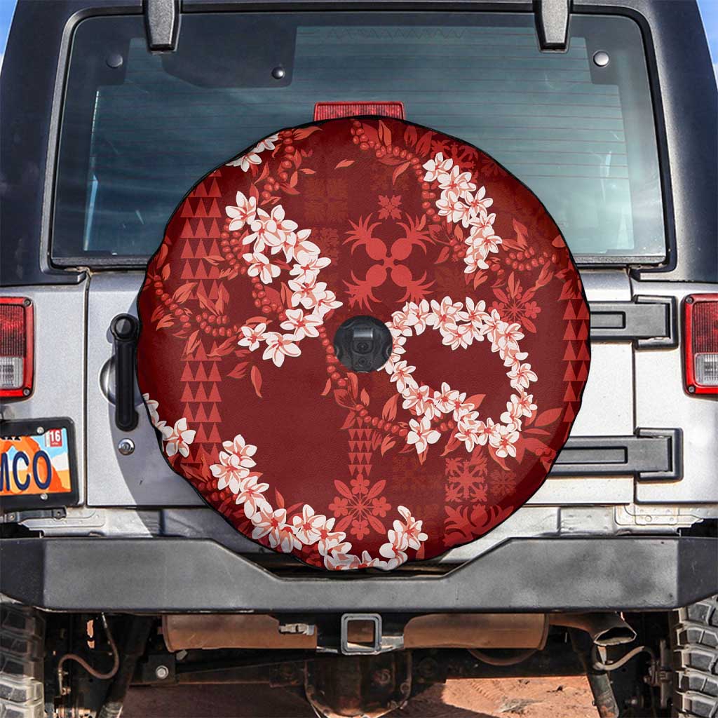 Mokihana Maile and Ilima Leis Spare Tire Cover Ulaʻula Hawaiian Tapa Quilt Pattern LT9 Red - Polynesian Pride