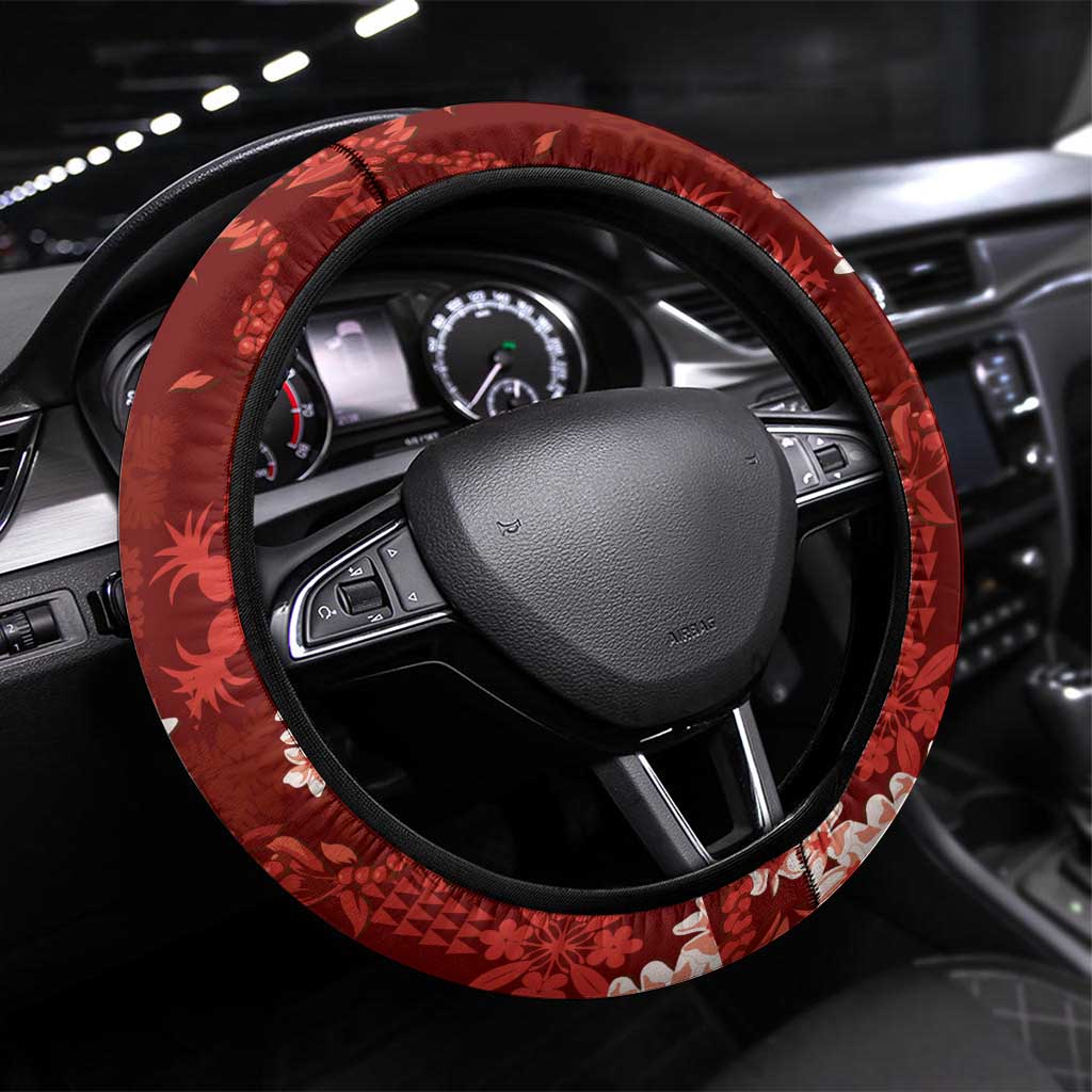 Mokihana Maile and Ilima Leis Steering Wheel Cover Ulaʻula Hawaiian Tapa Quilt Pattern LT9 Universal Fit Red - Polynesian Pride