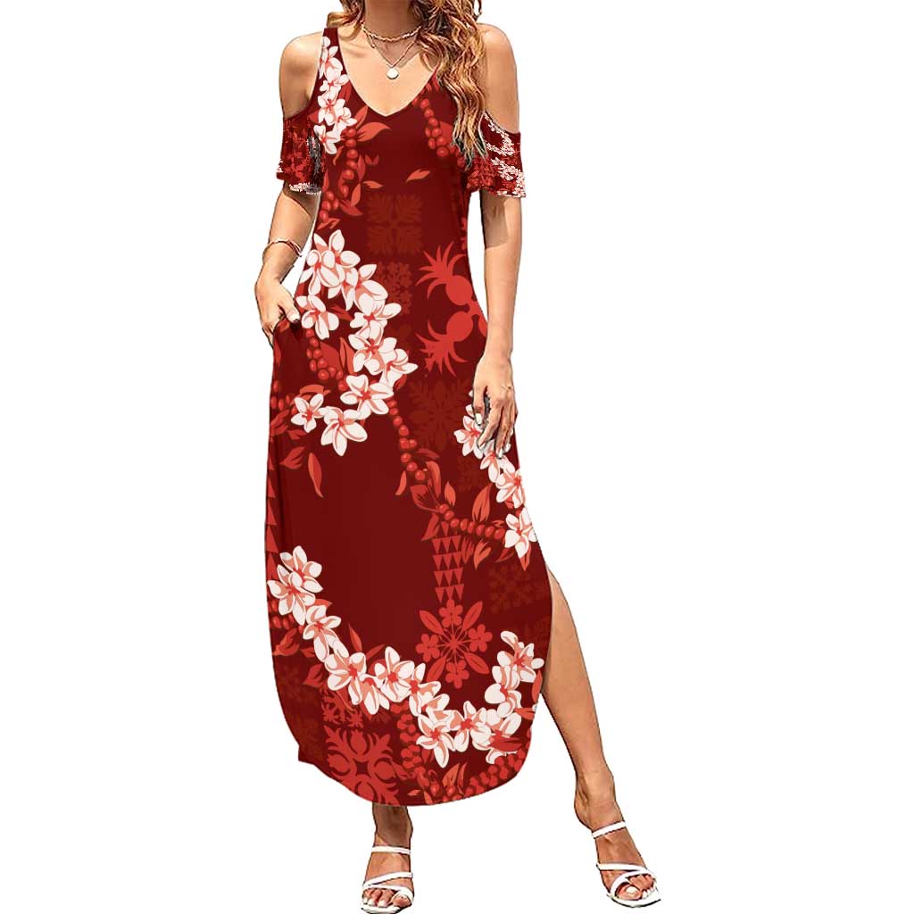 Mokihana Maile and Ilima Leis Summer Maxi Dress Ulaʻula Hawaiian Tapa Quilt Pattern LT9 Women Red - Polynesian Pride