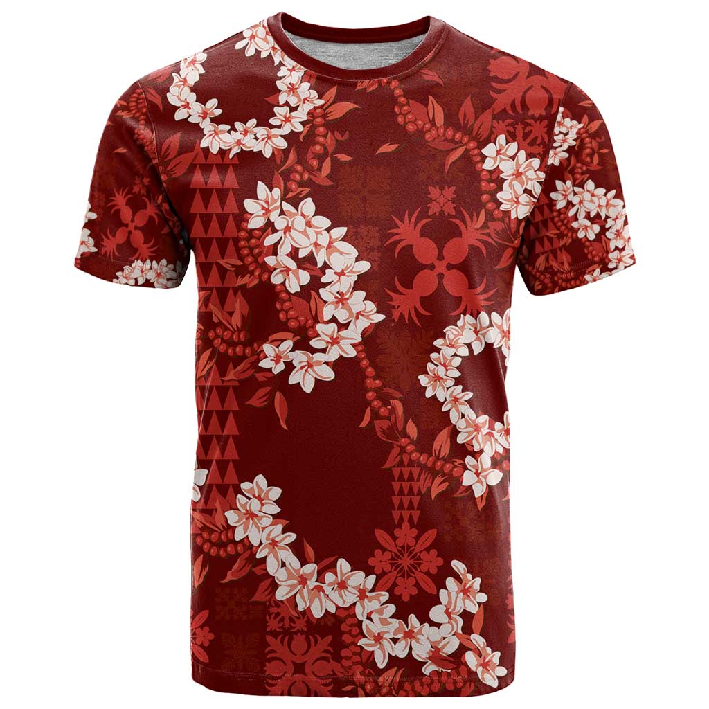 Mokihana Maile and Ilima Leis T Shirt Ulaʻula Hawaiian Tapa Quilt Pattern LT9 Red - Polynesian Pride