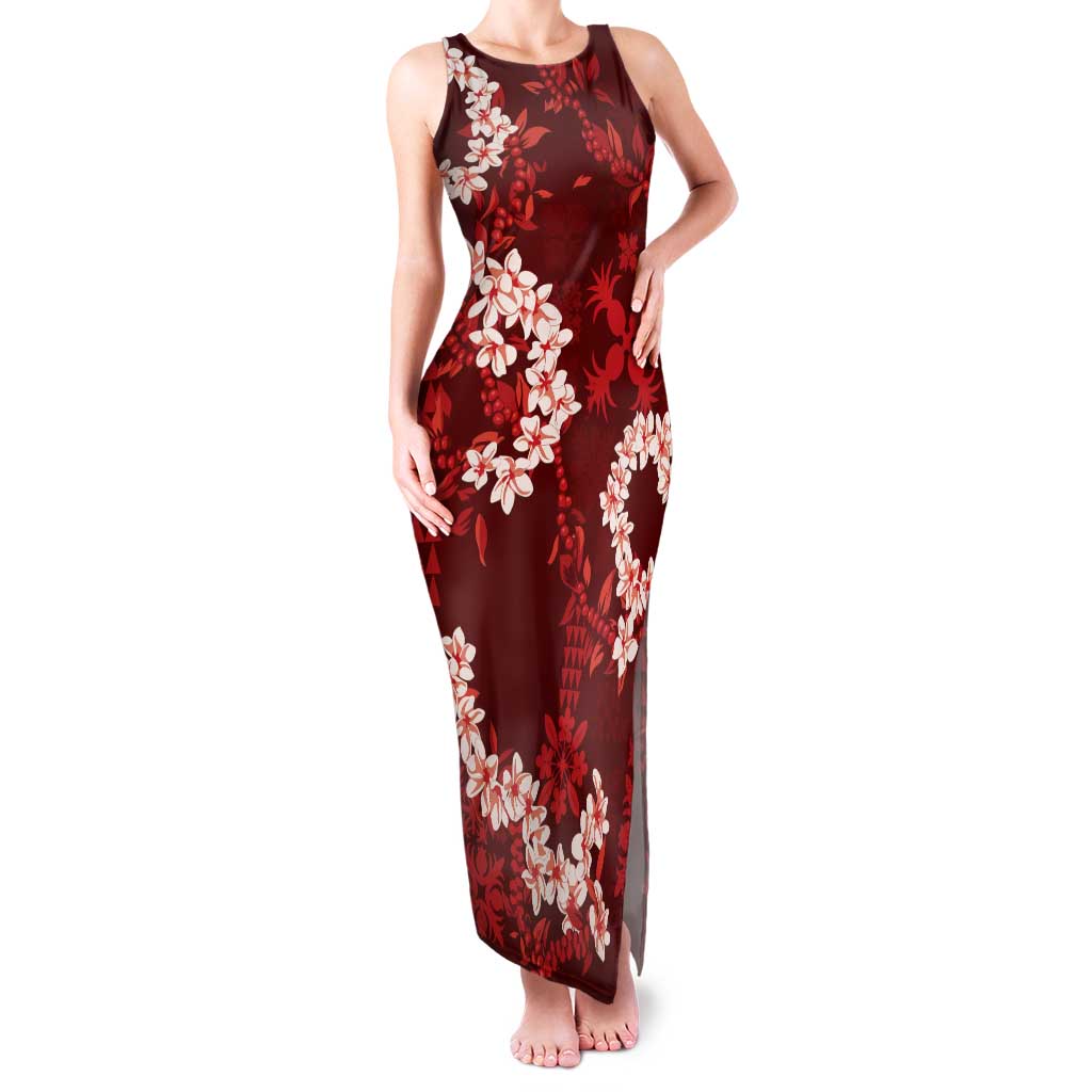 Mokihana Maile and Ilima Leis Tank Maxi Dress Ulaʻula Hawaiian Tapa Quilt Pattern LT9 Women Red - Polynesian Pride