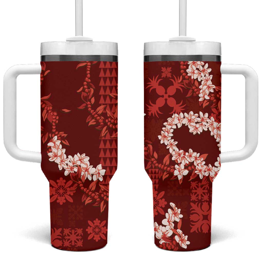 Mokihana Maile and Ilima Leis Tumbler With Handle Ulaʻula Hawaiian Tapa Quilt Pattern LT9 One Size: 40 oz Red - Polynesian Pride