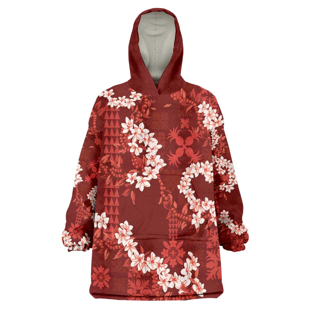 Mokihana Maile and Ilima Leis Wearable Blanket Hoodie Ulaʻula Hawaiian Tapa Quilt Pattern LT9 One Size Red - Polynesian Pride