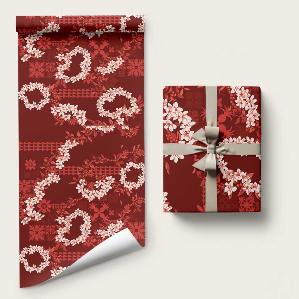 Mokihana Maile and Ilima Leis Wrapping Paper Ulaʻula Hawaiian Tapa Quilt Pattern LT9 58" × 23" Red - Polynesian Pride