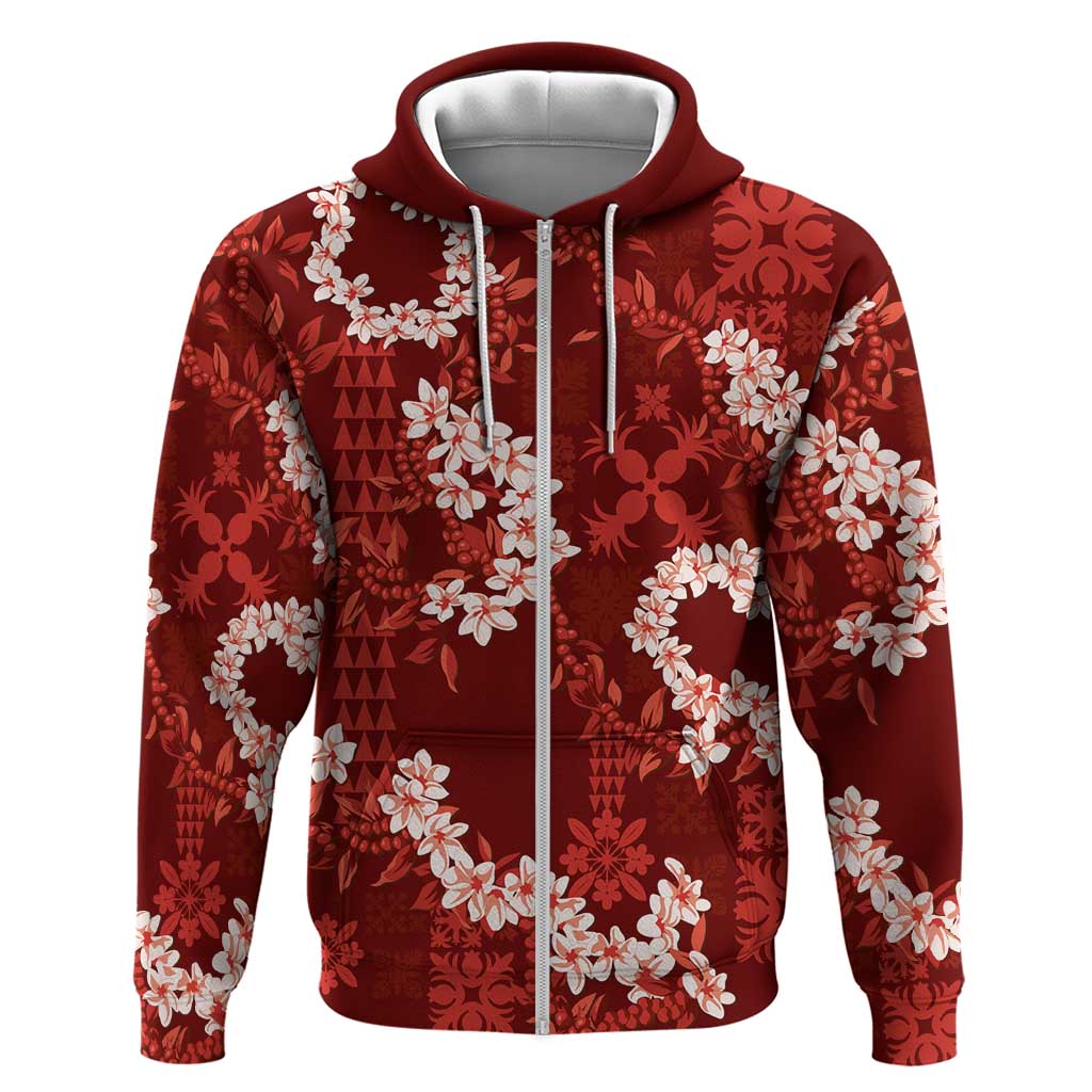 Mokihana Maile and Ilima Leis Zip Hoodie Ulaʻula Hawaiian Tapa Quilt Pattern LT9 Zip Hoodie Red - Polynesian Pride