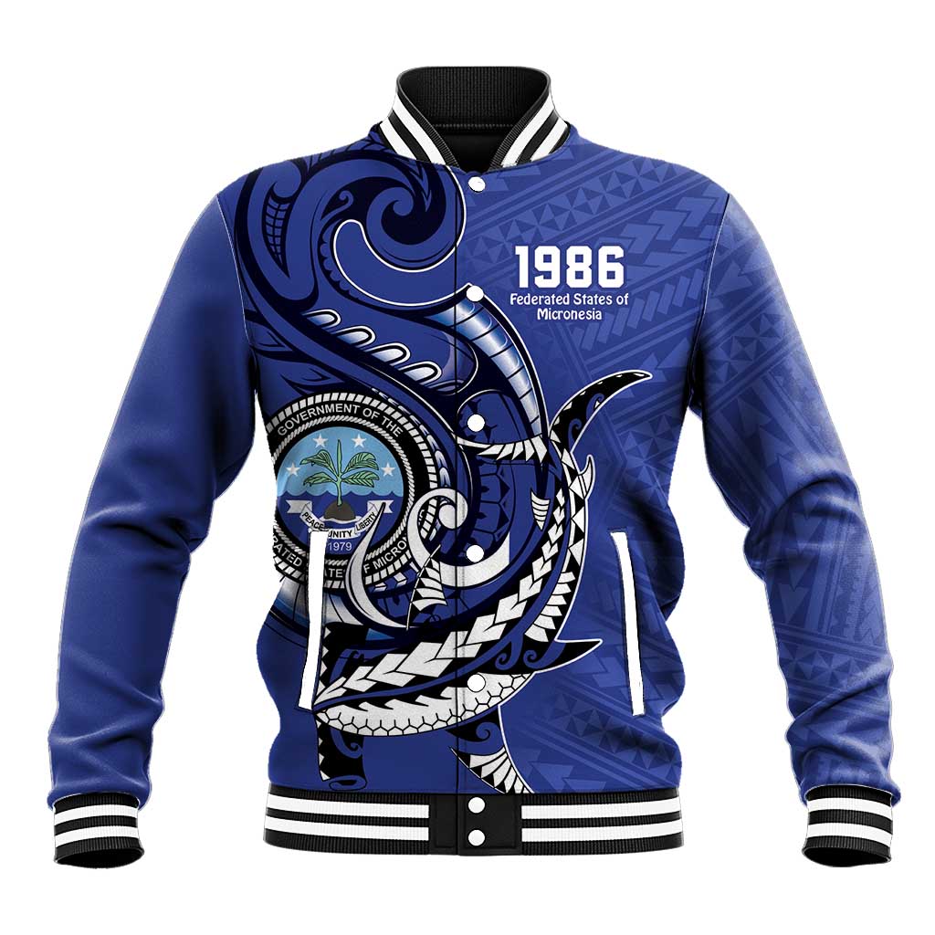 Personalized FSM 1986 Independence Day Baseball Jacket Polynesian Shark Tattoo Style LT9 Unisex Blue - Polynesian Pride