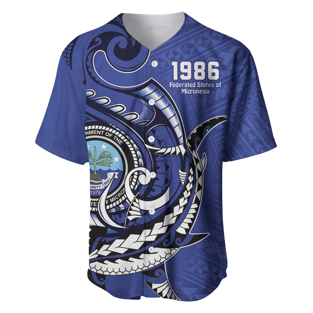 Personalized FSM 1986 Independence Day Baseball Jersey Polynesian Shark Tattoo Style LT9 Blue - Polynesian Pride
