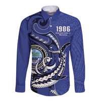 Personalized FSM 1986 Independence Day Long Sleeve Button Shirt Polynesian Shark Tattoo Style LT9 Unisex Blue - Polynesian Pride