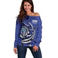 Personalized FSM 1986 Independence Day Off Shoulder Sweater Polynesian Shark Tattoo Style LT9 Women Blue - Polynesian Pride
