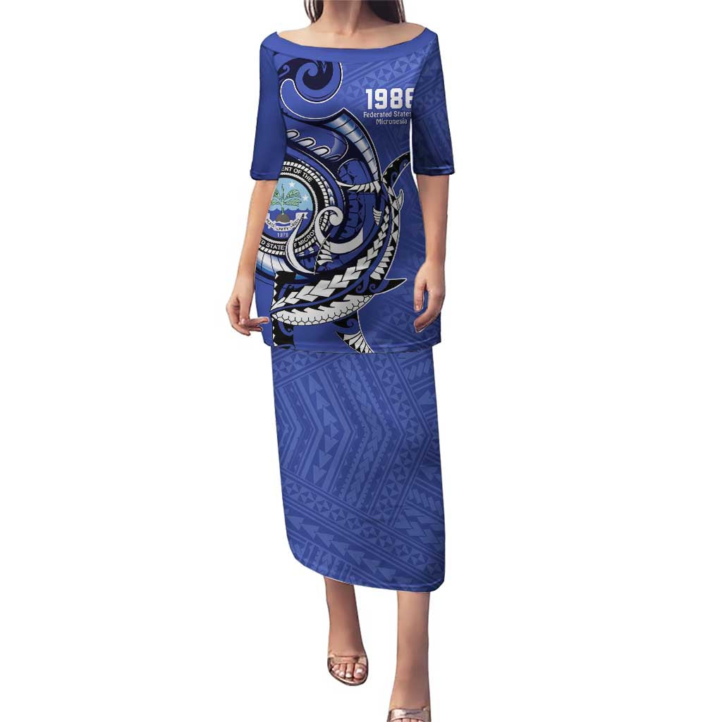 Personalized FSM 1986 Independence Day Puletasi Polynesian Shark Tattoo Style LT9 Long Dress Blue - Polynesian Pride