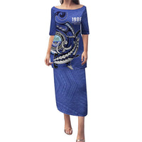 Personalized FSM 1986 Independence Day Puletasi Polynesian Shark Tattoo Style LT9 Long Dress Blue - Polynesian Pride