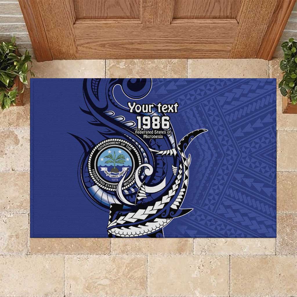 Personalized FSM 1986 Independence Day Rubber Doormat Polynesian Shark Tattoo Style LT9 Blue - Polynesian Pride