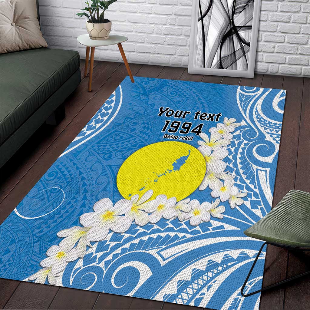 Personalized Palau 1994 Belau Rekid Area Rug Polynesian Plumeria Style LT9 Blue - Polynesian Pride