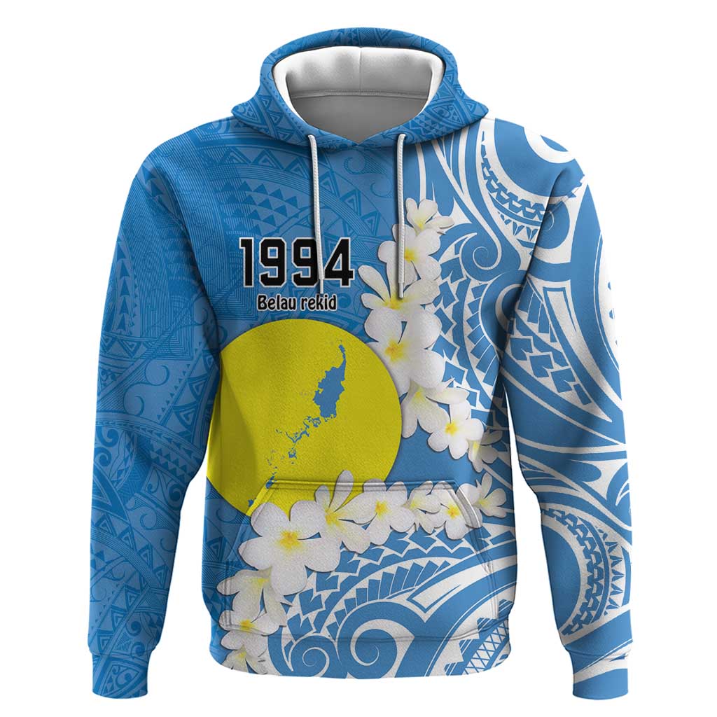 Personalized Palau 1994 Belau Rekid Hoodie Polynesian Plumeria Style LT9 Pullover Hoodie Blue - Polynesian Pride