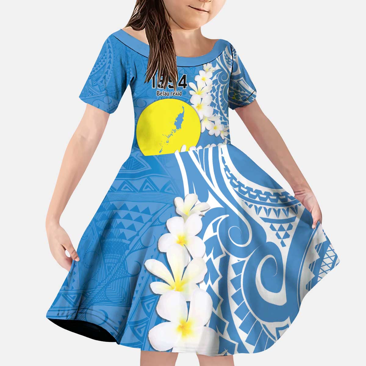 Personalized Palau 1994 Belau Rekid Kid Short Sleeve Dress Polynesian Plumeria Style LT9 KID Blue - Polynesian Pride