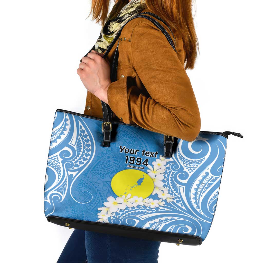 Personalized Palau 1994 Belau Rekid Leather Tote Bag Polynesian Plumeria Style LT9 Blue - Polynesian Pride
