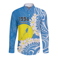 Personalized Palau 1994 Belau Rekid Long Sleeve Button Shirt Polynesian Plumeria Style LT9 Unisex Blue - Polynesian Pride