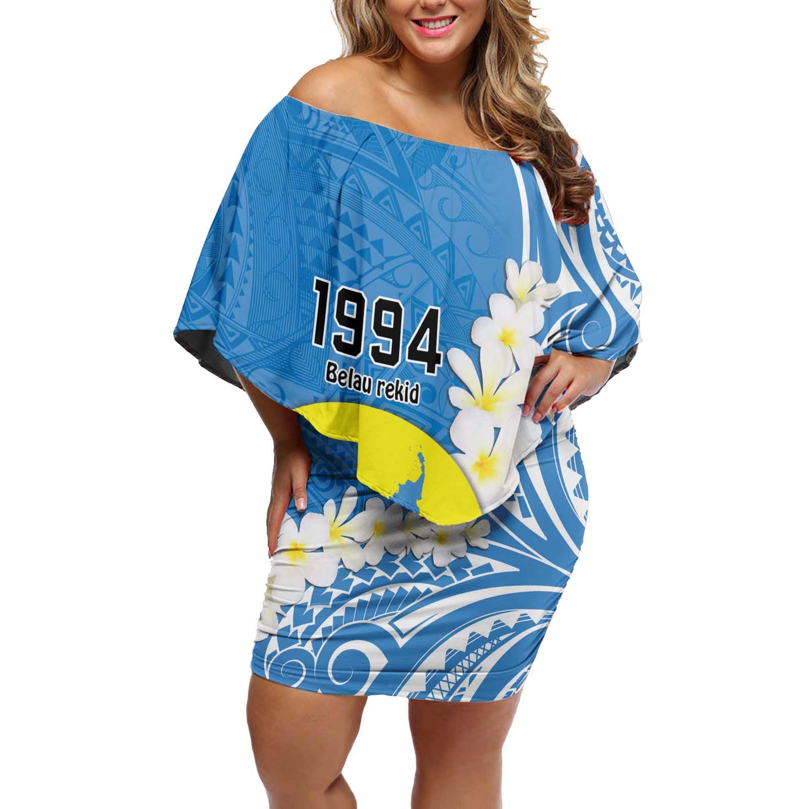 Personalized Palau 1994 Belau Rekid Off Shoulder Short Dress Polynesian Plumeria Style LT9 Women Blue - Polynesian Pride