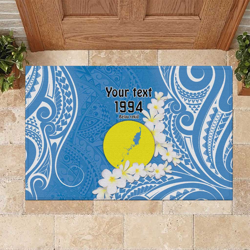 Personalized Palau 1994 Belau Rekid Rubber Doormat Polynesian Plumeria Style LT9 Blue - Polynesian Pride