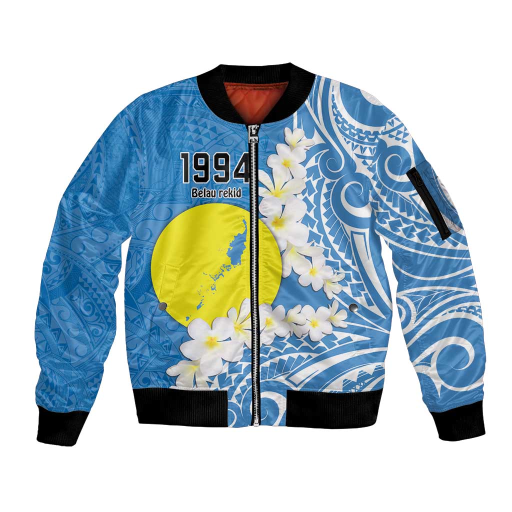 Personalized Palau 1994 Belau Rekid Sleeve Zip Bomber Jacket Polynesian Plumeria Style LT9 Unisex Blue - Polynesian Pride