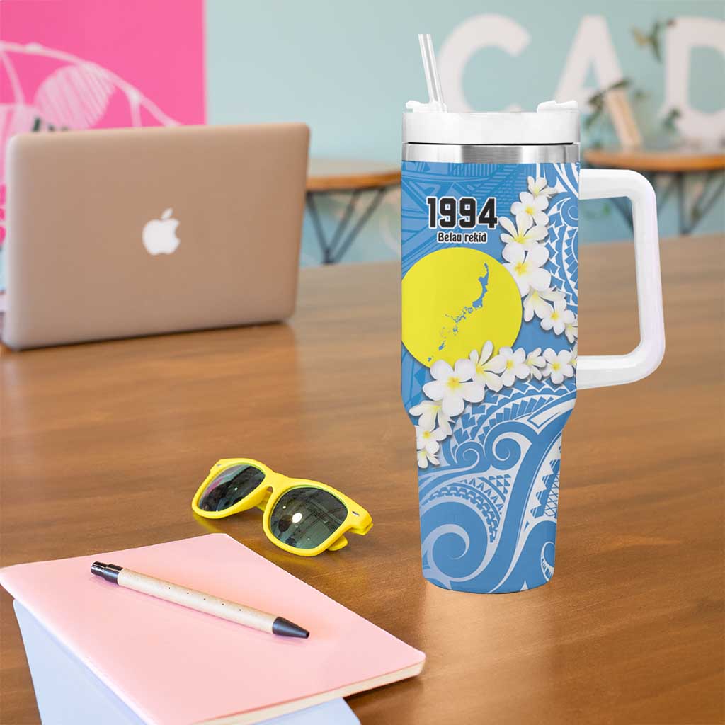 Personalized Palau 1994 Belau Rekid Tumbler With Handle Polynesian Plumeria Style LT9 - Polynesian Pride