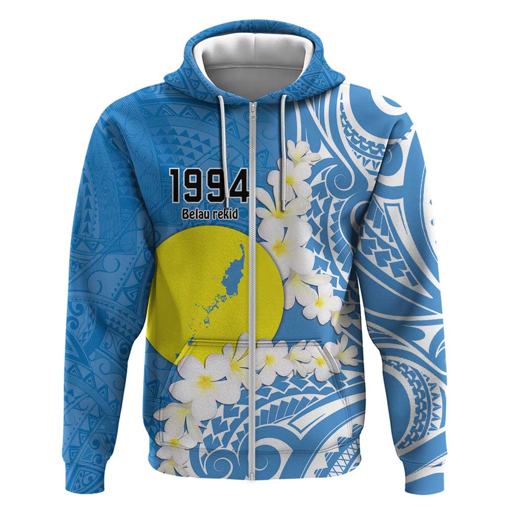 Personalized Palau 1994 Belau Rekid Zip Hoodie Polynesian Plumeria Style LT9 Zip Hoodie Blue - Polynesian Pride