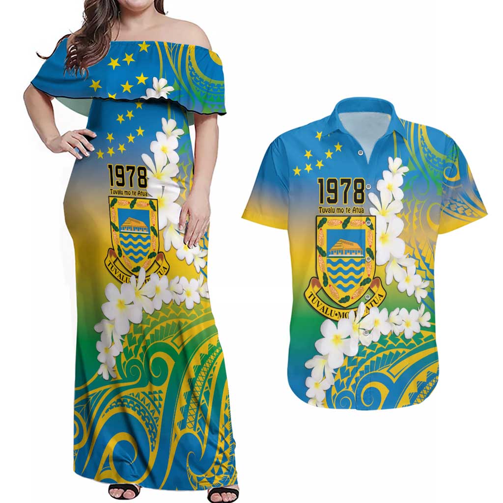 Personalised Tuvalu 1978 Independence Day Couples Matching Off Shoulder Maxi Dress and Hawaiian Shirt Polynesian Plumeria Style