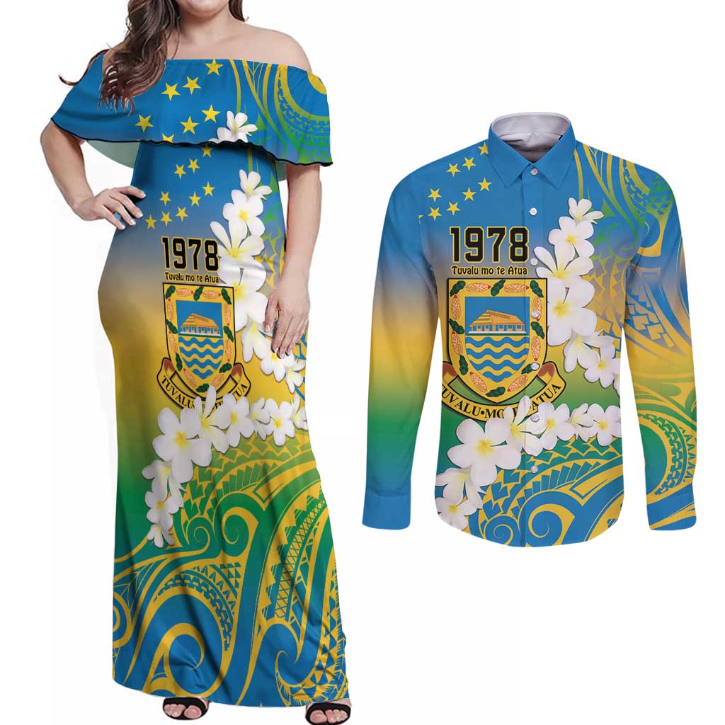 Personalised Tuvalu 1978 Independence Day Couples Matching Off Shoulder Maxi Dress and Long Sleeve Button Shirt Polynesian Plumeria Style