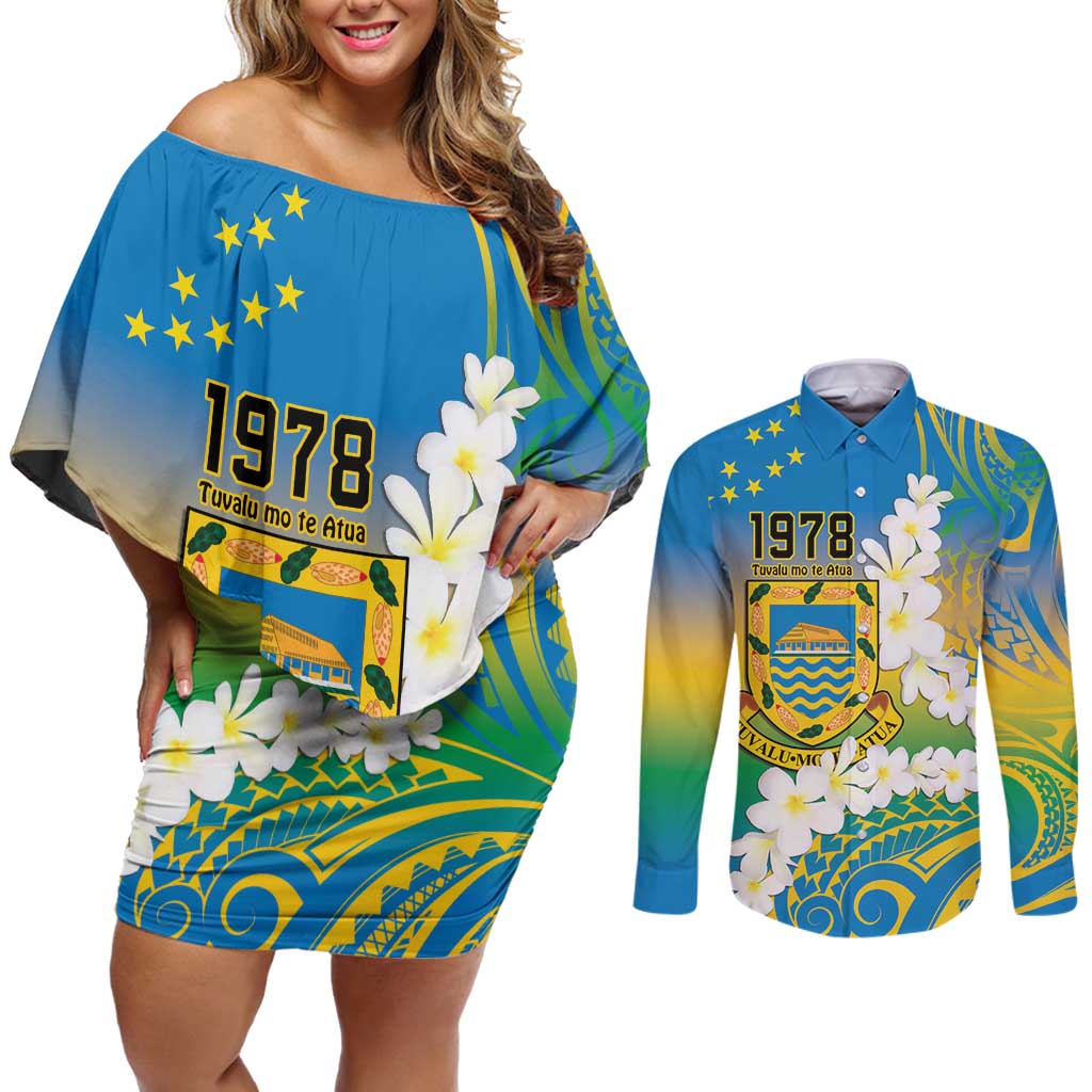 Personalised Tuvalu 1978 Independence Day Couples Matching Off Shoulder Short Dress and Long Sleeve Button Shirt Polynesian Plumeria Style