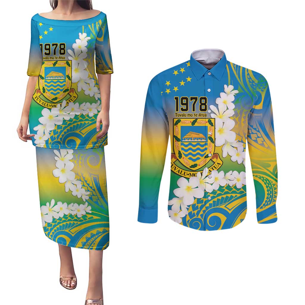 Personalised Tuvalu 1978 Independence Day Couples Matching Puletasi and Long Sleeve Button Shirt Polynesian Plumeria Style