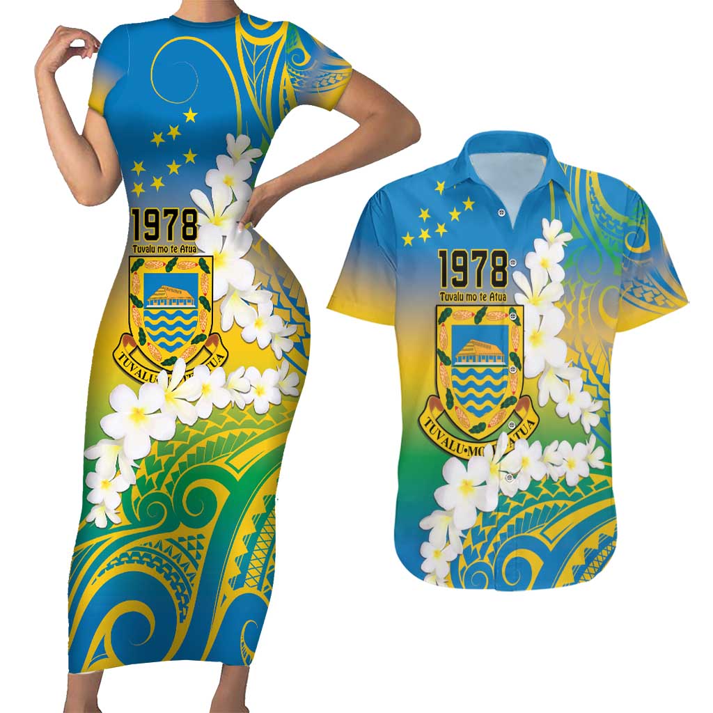 Personalised Tuvalu 1978 Independence Day Couples Matching Short Sleeve Bodycon Dress and Hawaiian Shirt Polynesian Plumeria Style