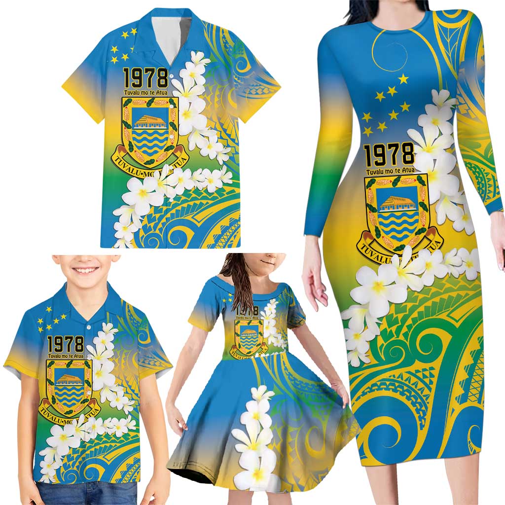 Personalised Tuvalu 1978 Independence Day Family Matching Long Sleeve Bodycon Dress and Hawaiian Shirt Polynesian Plumeria Style