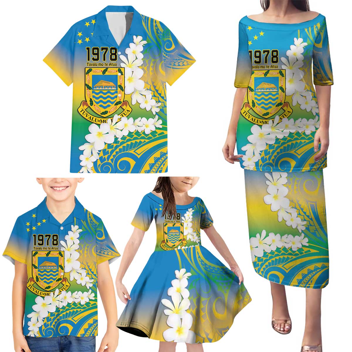 Personalised Tuvalu 1978 Independence Day Family Matching Puletasi and Hawaiian Shirt Polynesian Plumeria Style