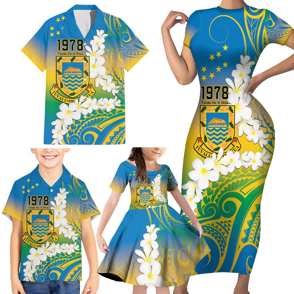 Personalised Tuvalu 1978 Independence Day Family Matching Short Sleeve Bodycon Dress and Hawaiian Shirt Polynesian Plumeria Style