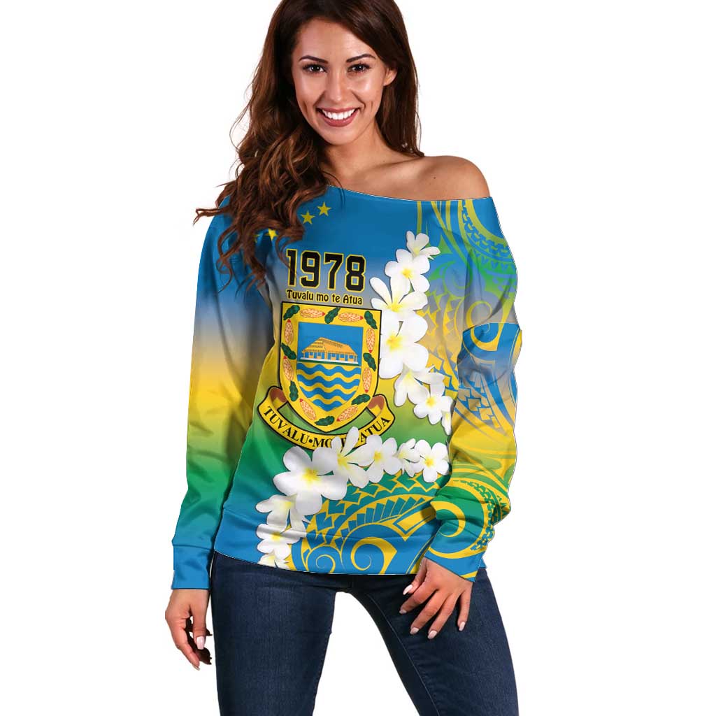 Personalised Tuvalu 1978 Independence Day Off Shoulder Sweater Polynesian Plumeria Style LT9 Women Gradient - Polynesian Pride