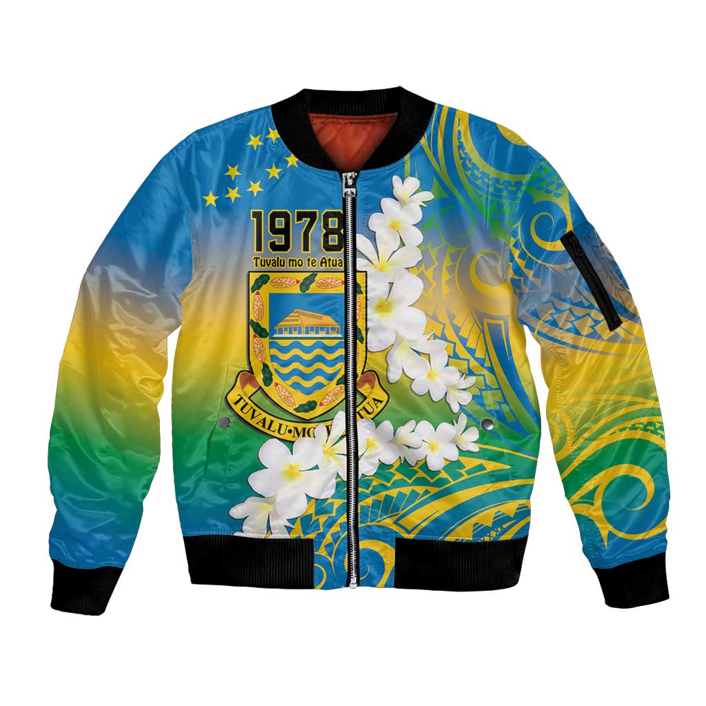 Personalised Tuvalu 1978 Independence Day Sleeve Zip Bomber Jacket Polynesian Plumeria Style LT9 Unisex Gradient - Polynesian Pride