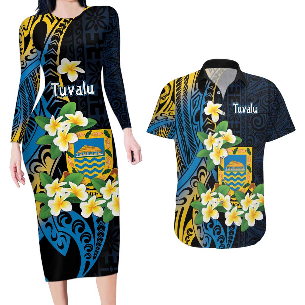 Personalised Tuvalu Beautiful Plumeria Flower Couples Matching Long Sleeve Bodycon Dress and Hawaiian Shirt