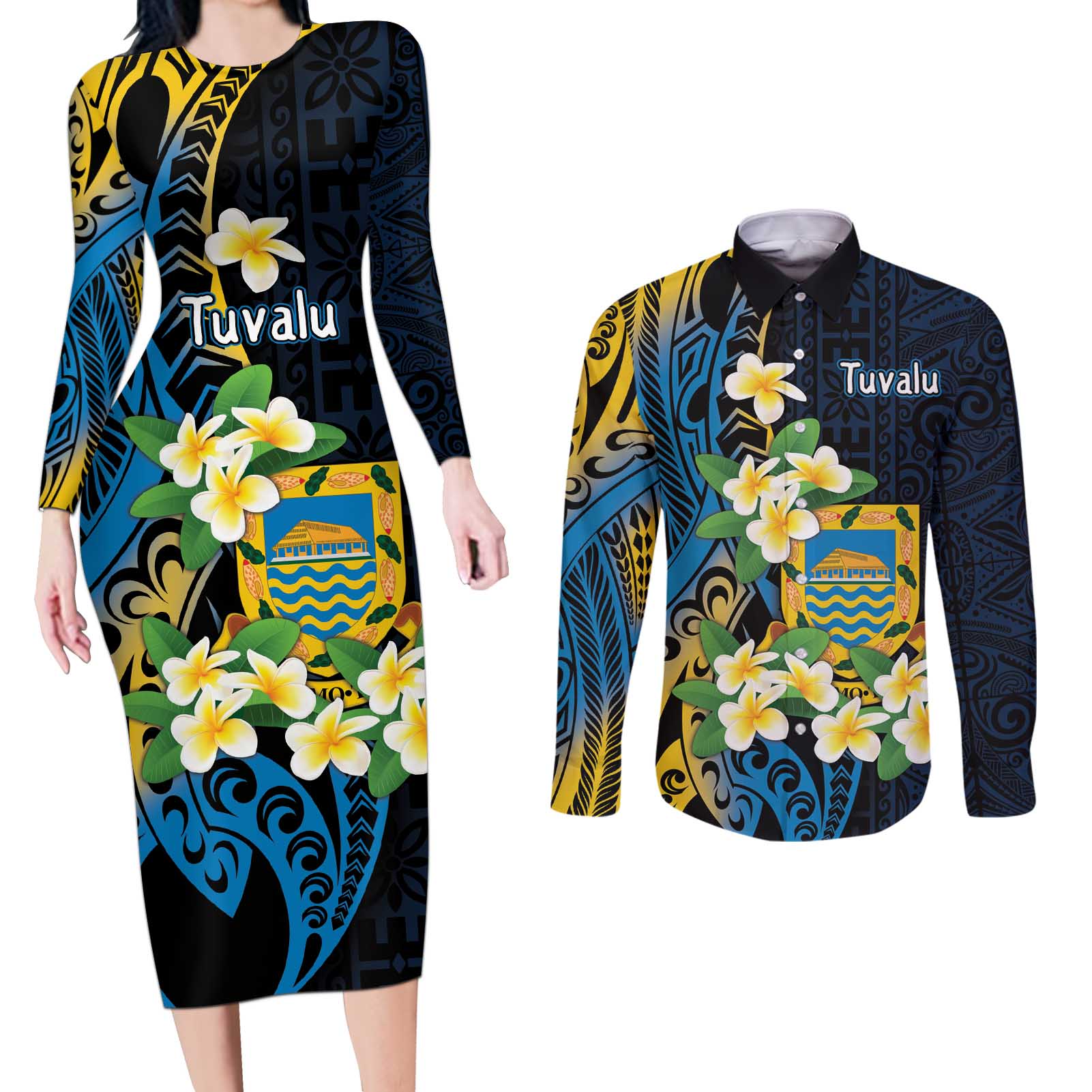 Personalised Tuvalu Beautiful Plumeria Flower Couples Matching Long Sleeve Bodycon Dress and Long Sleeve Button Shirt