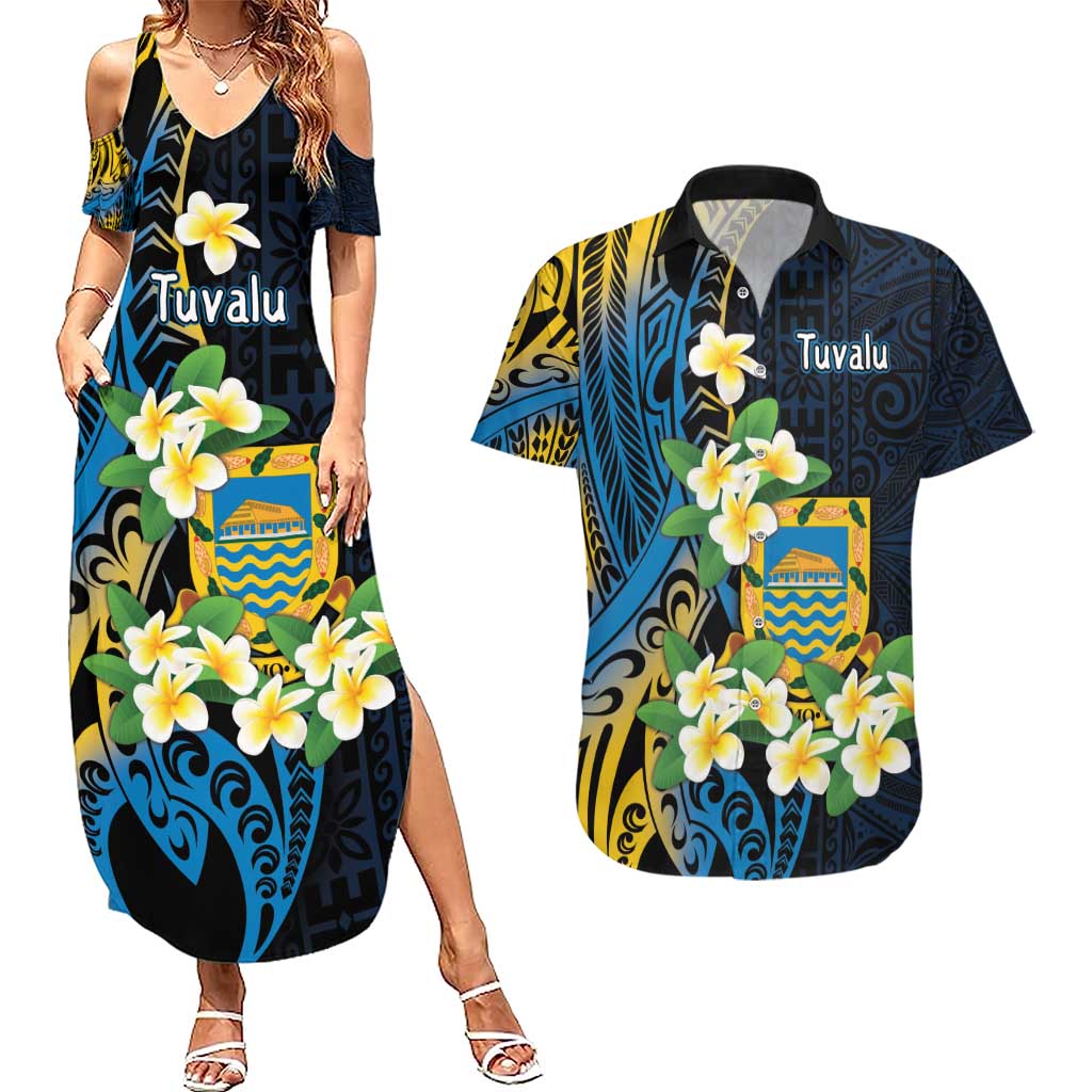 Personalised Tuvalu Beautiful Plumeria Flower Couples Matching Summer Maxi Dress and Hawaiian Shirt