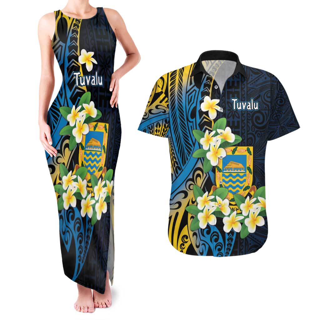 Personalised Tuvalu Beautiful Plumeria Flower Couples Matching Tank Maxi Dress and Hawaiian Shirt