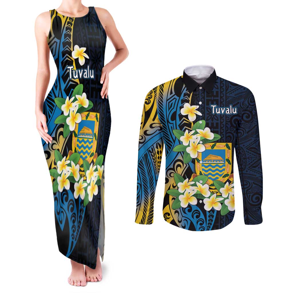 Personalised Tuvalu Beautiful Plumeria Flower Couples Matching Tank Maxi Dress and Long Sleeve Button Shirt