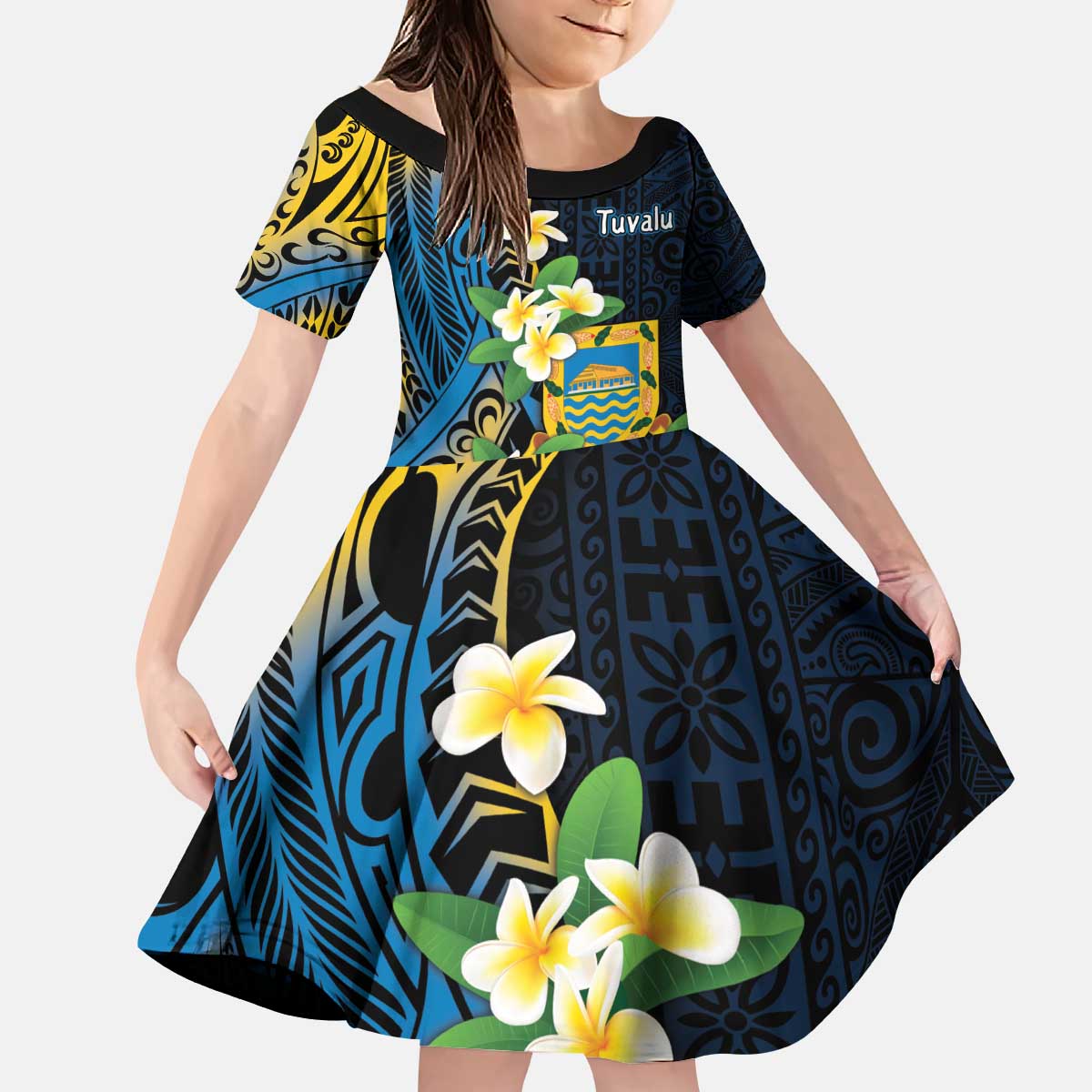 Personalised Tuvalu Beautiful Plumeria Flower Kid Short Sleeve Dress LT9 KID Black - Polynesian Pride